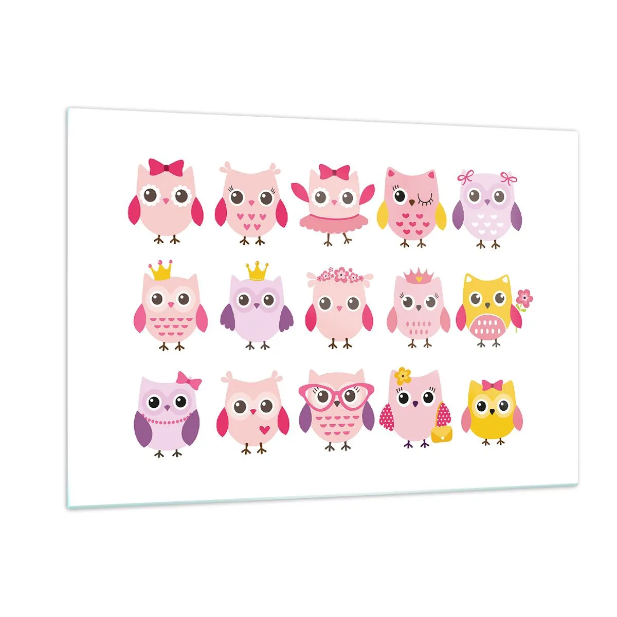 Obraz na szkle - Kolorowe sowy w różnych wzorach na białym tle - 120x80cm - Jedna słodsza od drugiej - Nowoczesna dekoracja ścienna do salonu, kuchni i sypialni ARTTOR