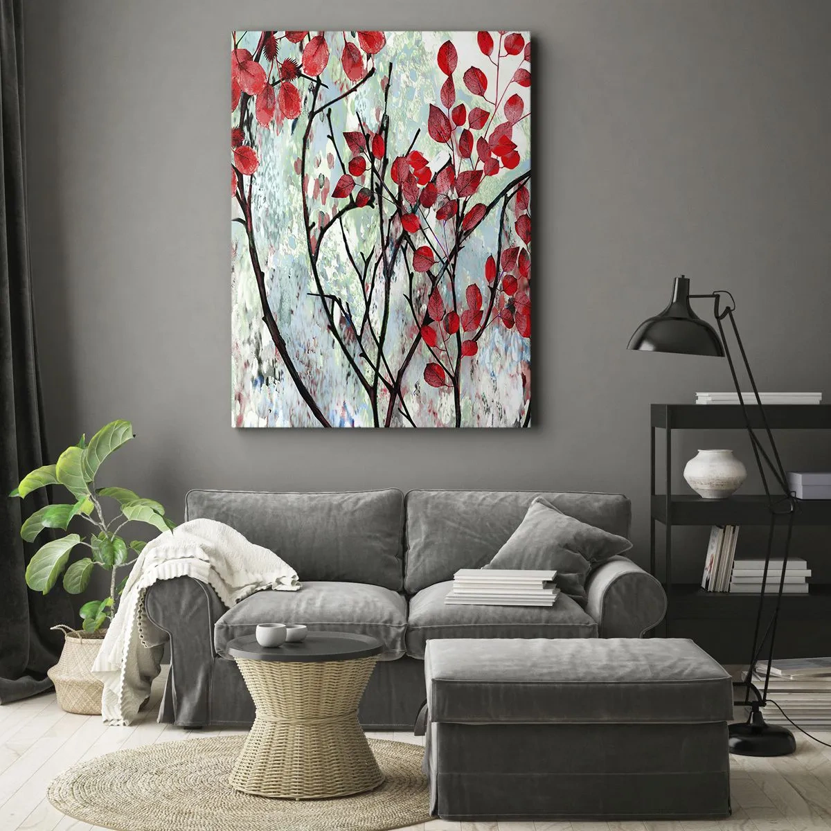 Obraz na płótnie - Czerwone liście na gałęziach na tle akwarelowego tła - 50x70cm - Drzewo w szkarłacie - Nowoczesna dekoracja ścienna do salonu, kuchni i sypialni ARTTOR