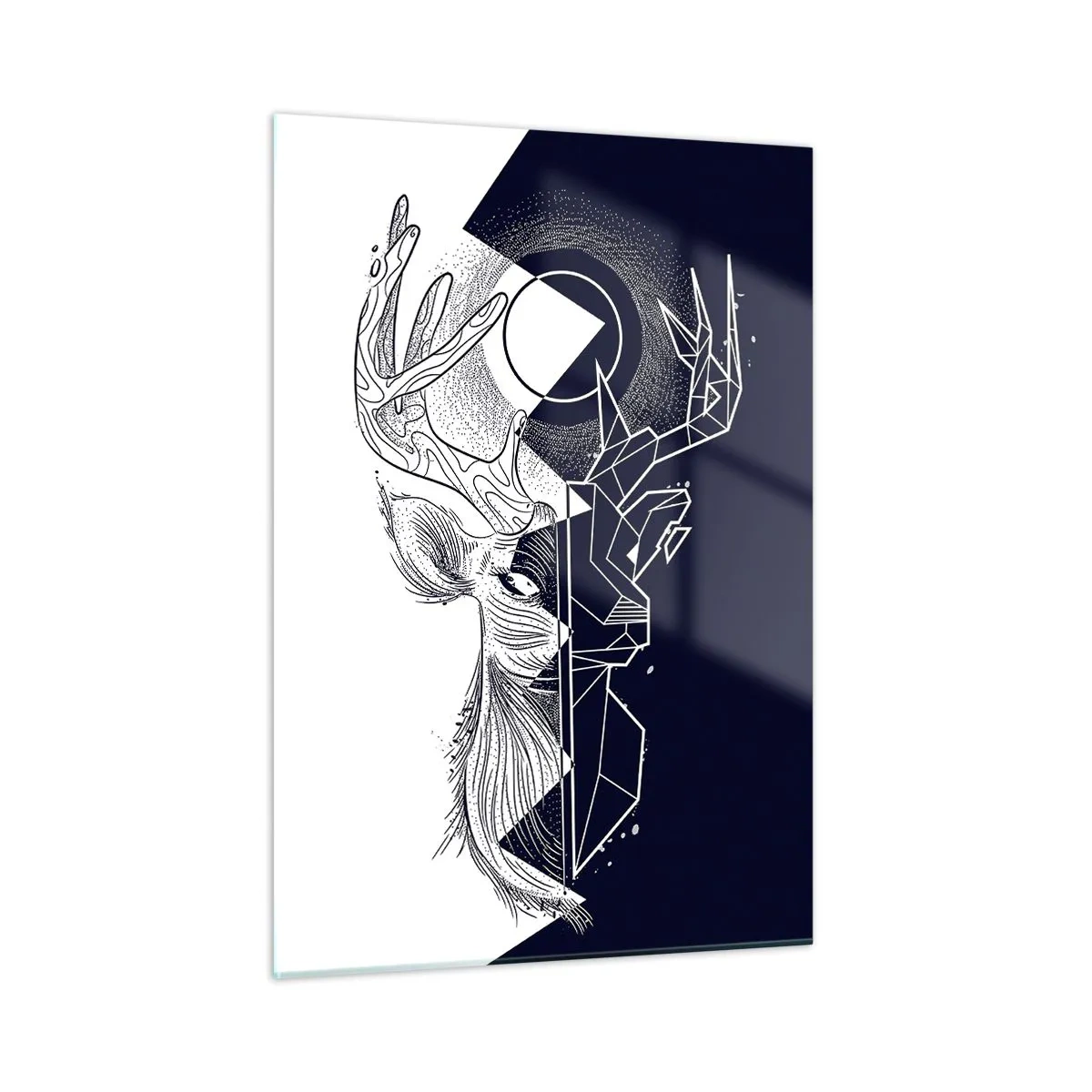 Obraz na szkle - Geometryczny rysunek jelenia na czarno-białym tle - 50x70cm - Walka i jedność przeciwieństw - Nowoczesna dekoracja ścienna do salonu, kuchni i sypialni ARTTOR