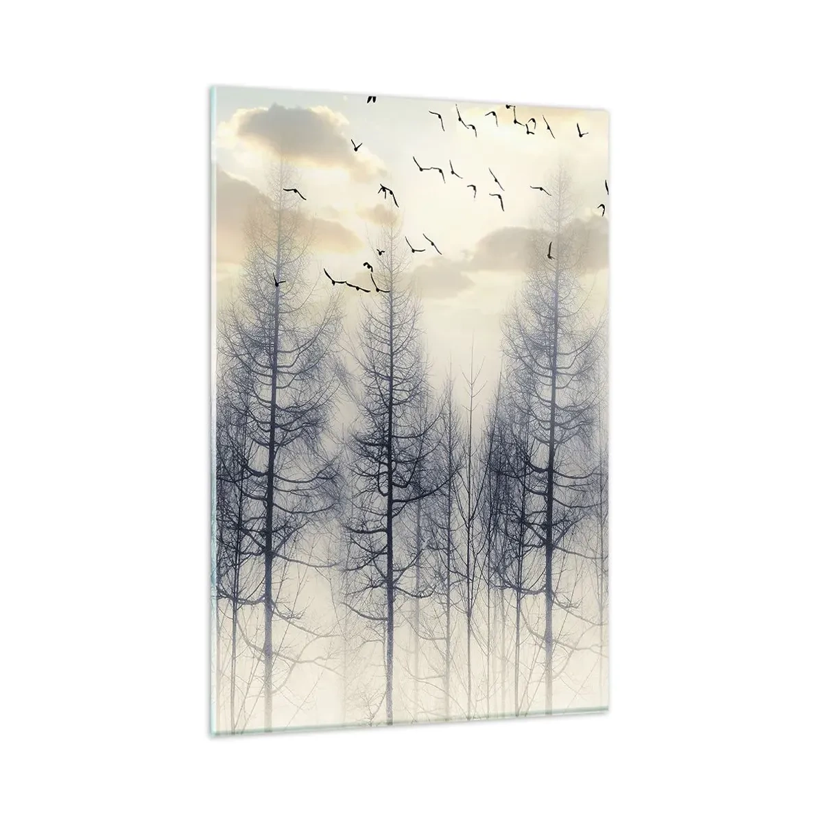 Obraz na szkle - Mglisty las z ptakami na tle nieba o zachodzie - 80x120cm - Duchy lasu - Nowoczesna dekoracja ścienna do salonu i sypialni ARTTOR