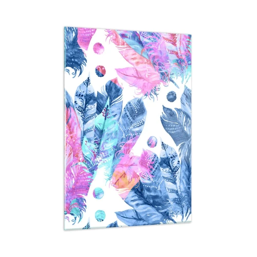 Obraz na szkle - Kolorowe pióra w odcieniach różu i błękitu na białym tle - 50x70cm - Pióropusze w różu i błękicie - Nowoczesna dekoracja ścienna do salonu, kuchni i sypialni ARTTOR