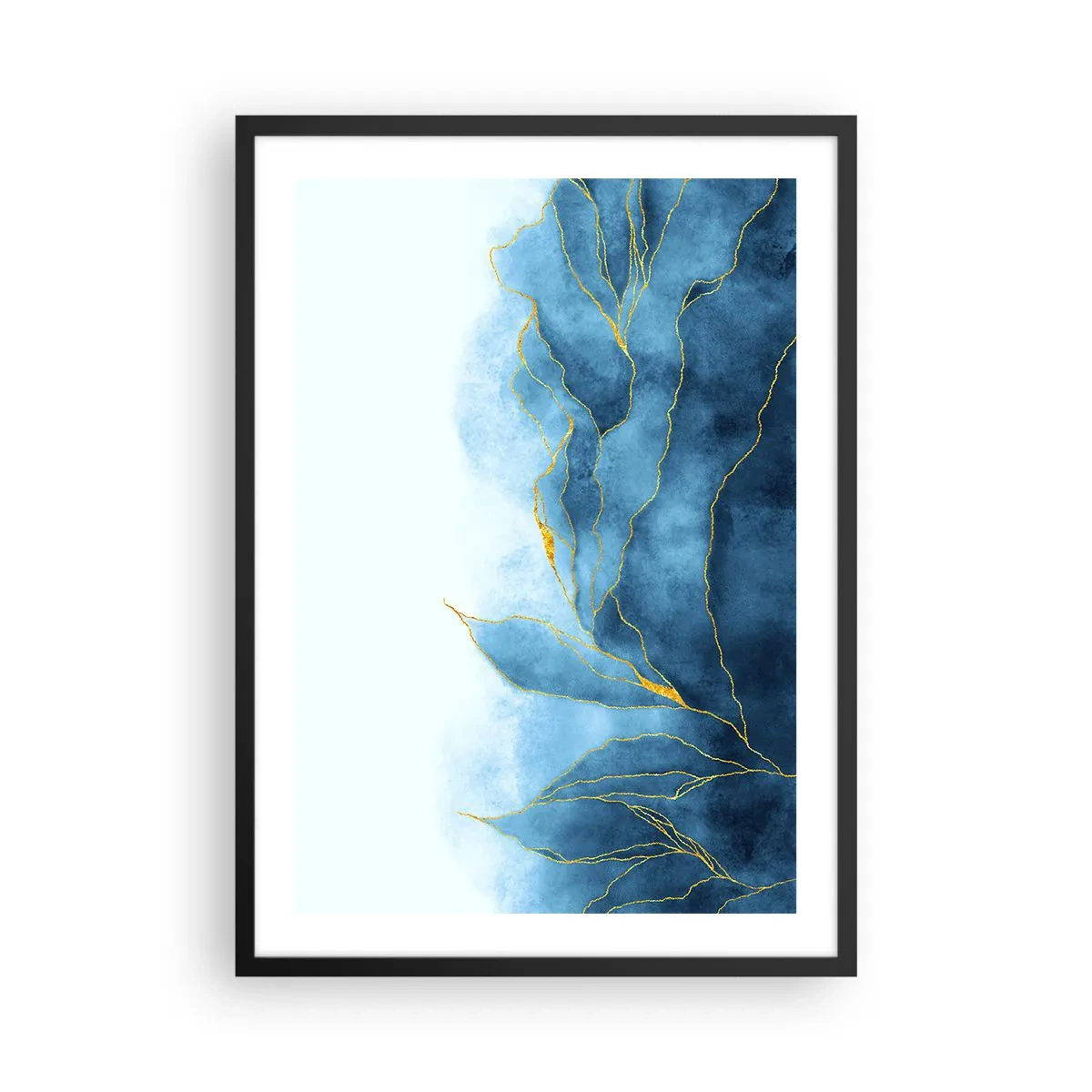 Plakat w czarnej ramie - Abstrakcyjna kompozycja w odcieniach błękitu ze złotymi liniami - 50x70cm - Błękit w złocie - Nowoczesna dekoracja ścienna do salonu i sypialni ARTTOR