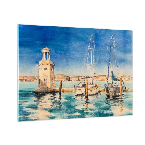 Obraz na szkle - Akwarelowa marina z latarnią i zacumowanymi jachtami - 70x50cm - Słoneczna laguna - Nowoczesna dekoracja ścienna do salonu i sypialni ARTTOR
