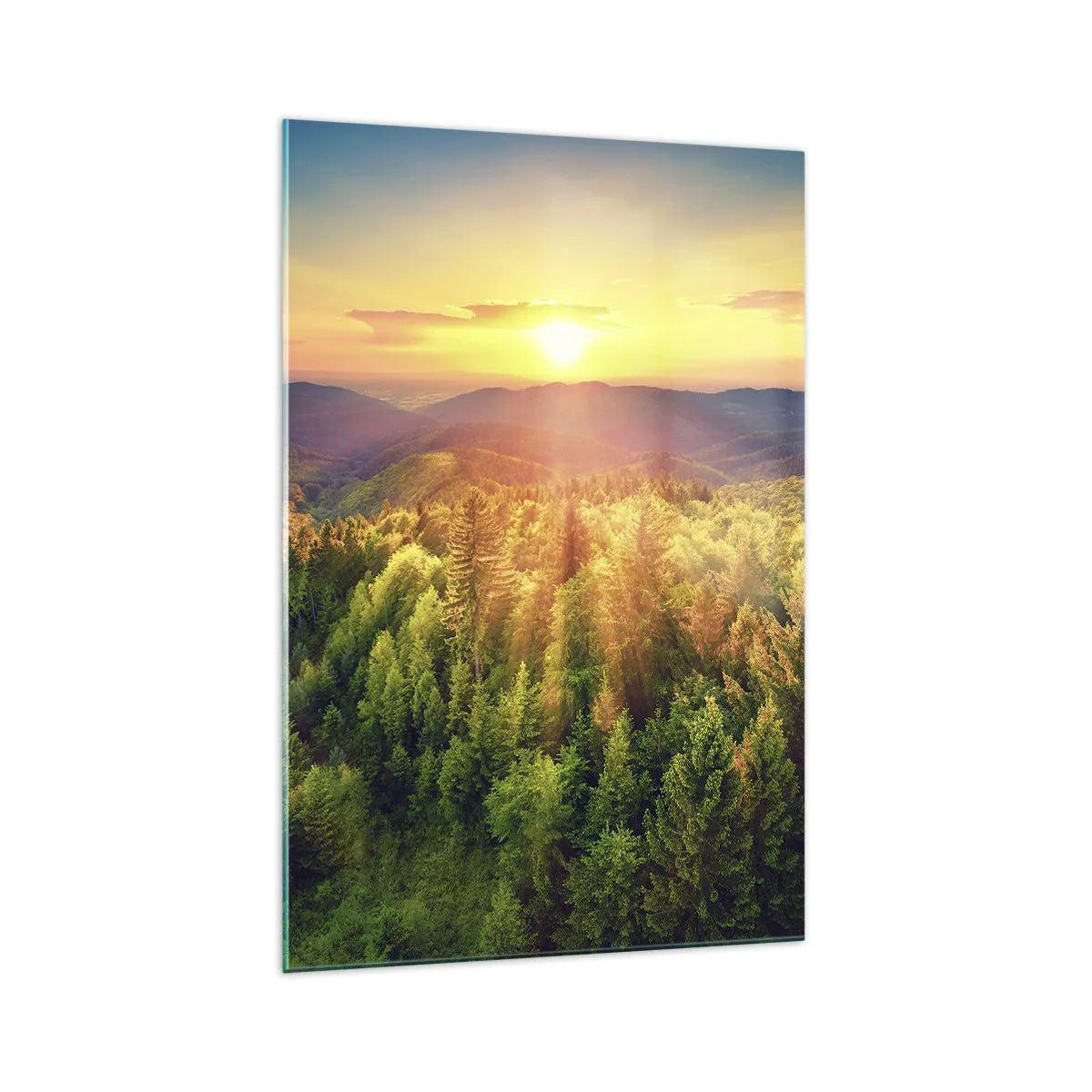 Obraz na szkle - Leśny krajobraz z zachodem słońca nad wzgórzami - 70x100cm - Wierzchołki i szczyty - Nowoczesna dekoracja ścienna do salonu i sypialni ARTTOR