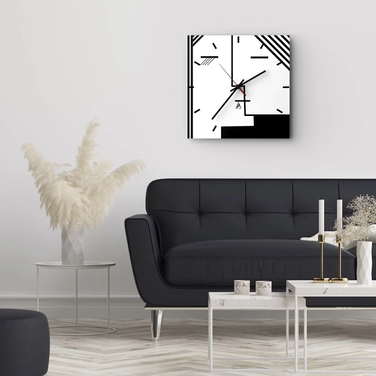 Zegar ścienny - Geometryczna abstrakcja przedstawiająca pocałunek w czerni i bieli - 30x30cm - Po prostu pocałunek - Nowoczesna dekoracja ścienna do salonu i sypialni ARTTOR