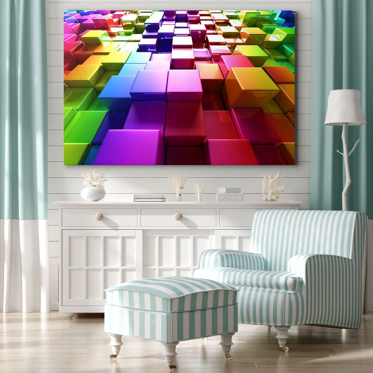 Obraz na płótnie - Kolorowe geometryczne kostki 3D - 70x50cm - Op-artowe wespół w zespół - Nowoczesna dekoracja ścienna do salonu i sypialni ARTTOR