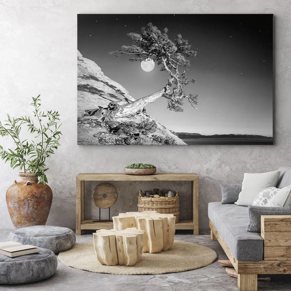 Obraz na płótnie - Czarno-białe drzewo na klifie z księżycem w tle - 100x70cm - Zwycięska wojowniczka - Nowoczesna dekoracja ścienna do salonu, kuchni i sypialni ARTTOR