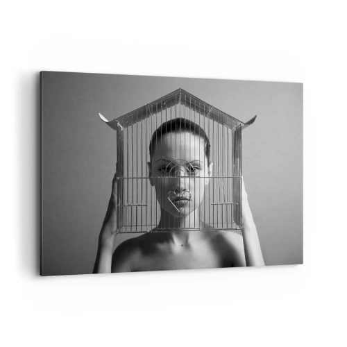 Obraz na płótnie - Kobieta za klatką w surrealistycznym stylu - 100x70cm - Portret nieco surrealistyczny - Nowoczesna dekoracja ścienna do salonu, kuchni i sypialni ARTTOR
