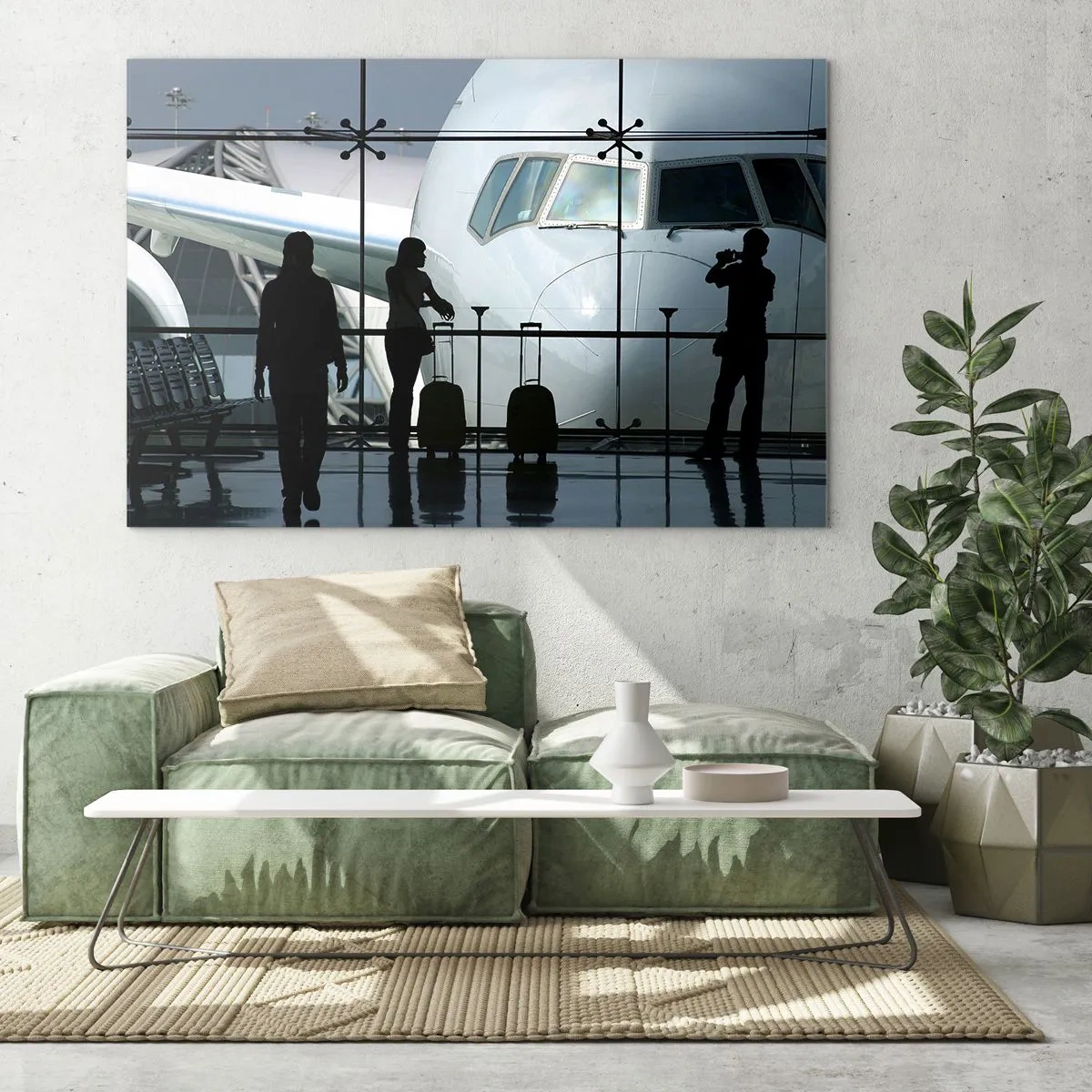 Obraz na szkle - Lotnisko z widokiem na samolot i sylwetki podróżnych - 100x70cm - Vis a vis na lotnisku - Nowoczesna dekoracja ścienna do salonu, kuchni i sypialni ARTTOR