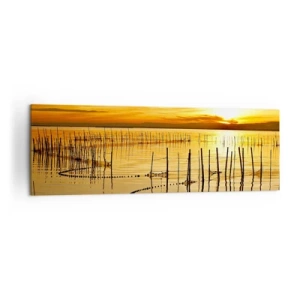 Obraz na płótnie - Zachód słońca nad wodą z ptakami w locie - 160x50cm - Na łowisku - Nowoczesna dekoracja ścienna do salonu i sypialni ARTTOR