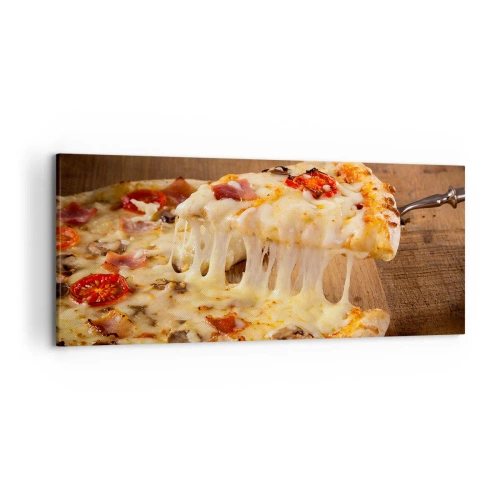 Obraz na płótnie - Pizza z ciągnącym się serem - 120x50cm - Arcydzieło sztuki włoskiej - Nowoczesna dekoracja ścienna do salonu i sypialni ARTTOR