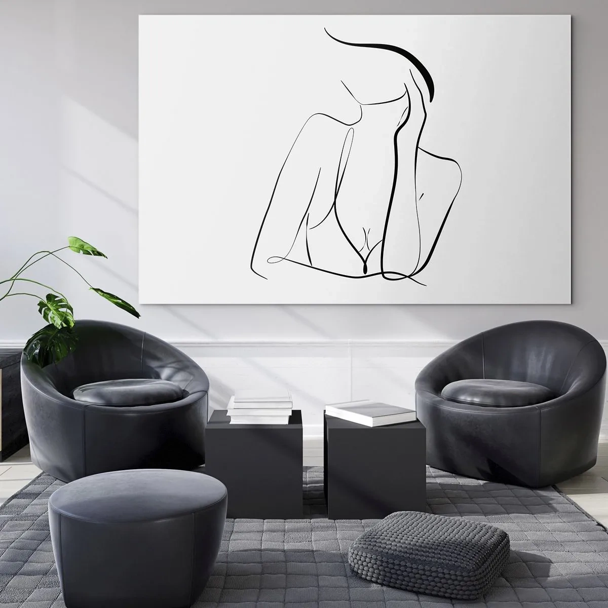 Obraz na szkle - Prosta linia przedstawiająca zarys ciała w odcieniach czerni i bieli - 70x50cm - Na fali marzeń - Nowoczesna dekoracja ścienna do salonu i sypialni ARTTOR