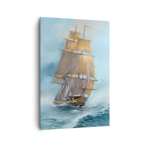 Obraz na płótnie - Statek żaglowy na wzburzonym morzu - 70x100cm - Mknący po falach - Nowoczesna dekoracja ścienna do salonu i sypialni ARTTOR