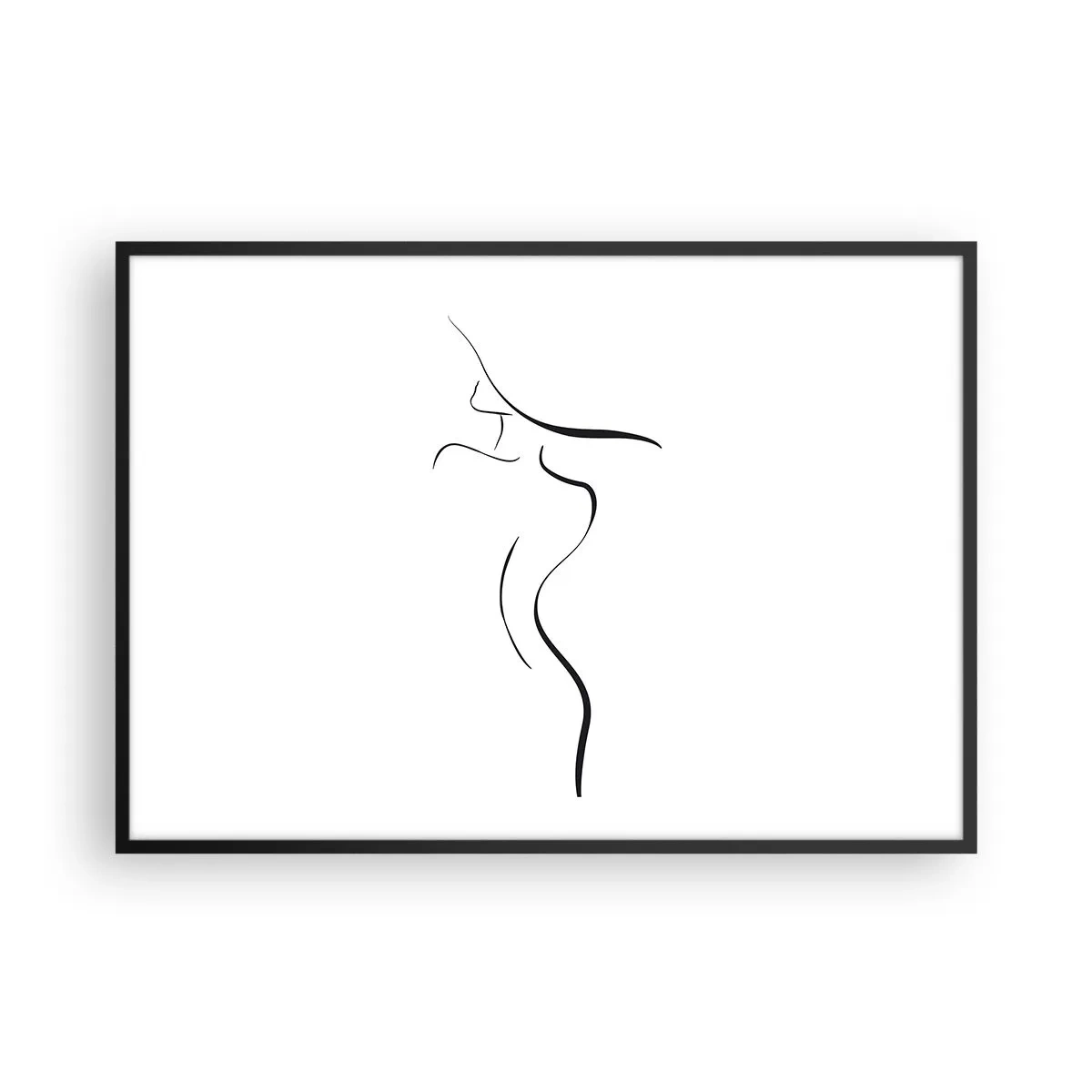 Plakat w czarnej ramie - Minimalistyczny kontur kobiecej sylwetki na białym tle - 100x70cm - Nieuchwytna jak fala - Nowoczesna dekoracja ścienna do salonu i sypialni ARTTOR