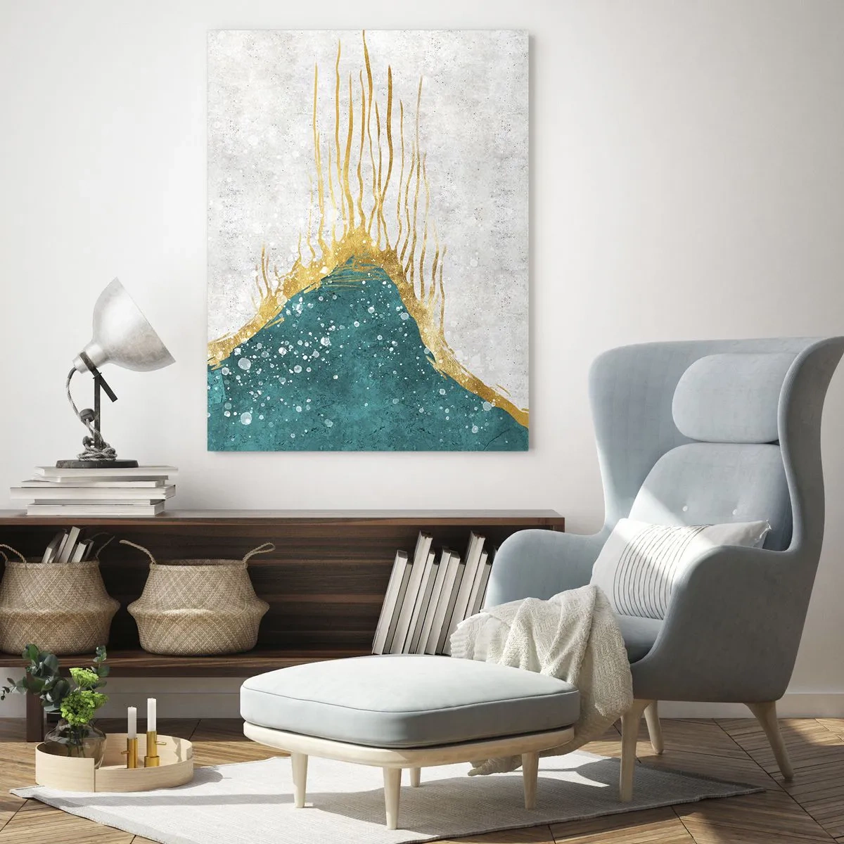 Obraz na szkle - Abstrakcyjny złoty wzór na tle turkusu i bieli - 50x70cm - Złoty przypływ - Nowoczesna dekoracja ścienna do salonu, kuchni i sypialni ARTTOR