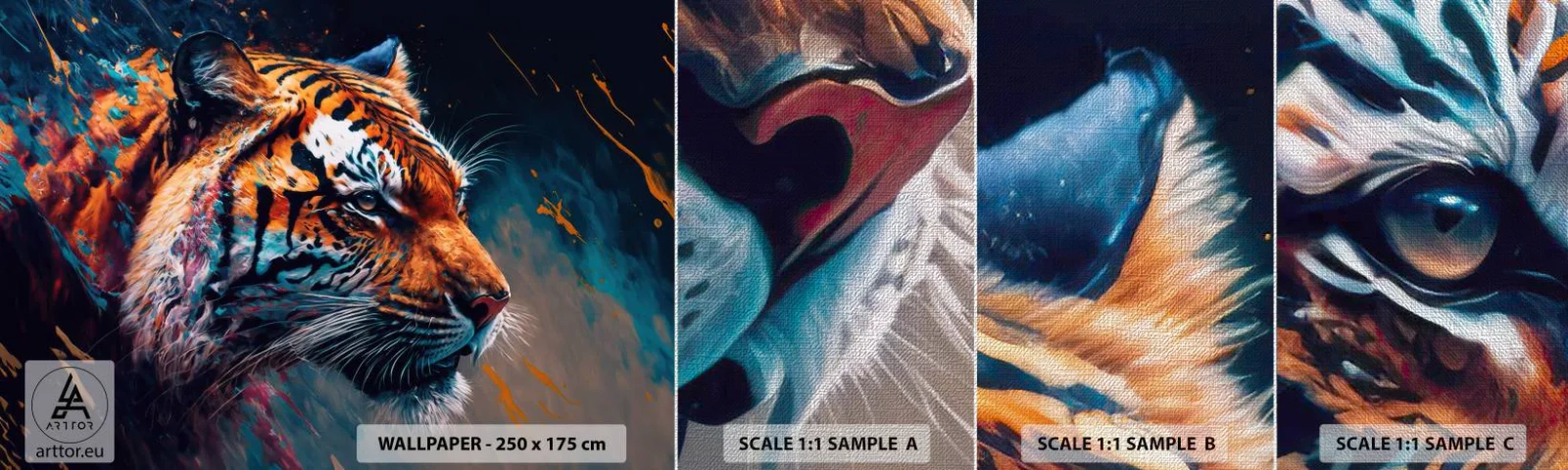 Fototapeta Próbka Premium Canvas - Dzikie piękno - Tygrys, Kolorowy, Zwierzę - 100x30 cm