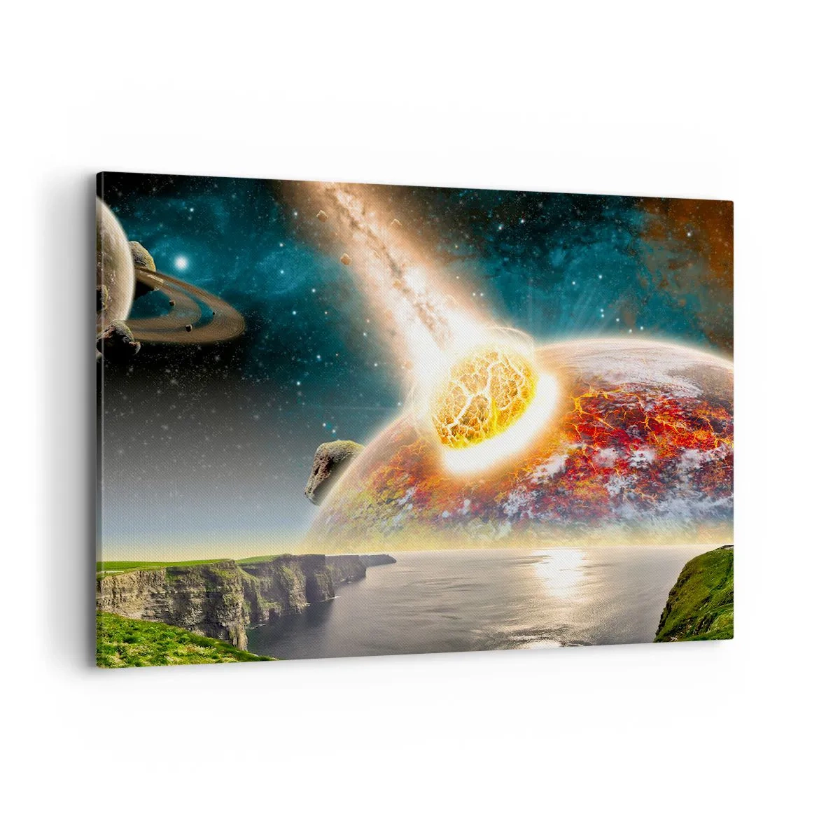 Obraz na płótnie - Zderzenie meteorytu z planetą w kosmicznym krajobrazie - 100x70cm - Kosmiczny dramat - Nowoczesna dekoracja ścienna do salonu, kuchni i sypialni ARTTOR