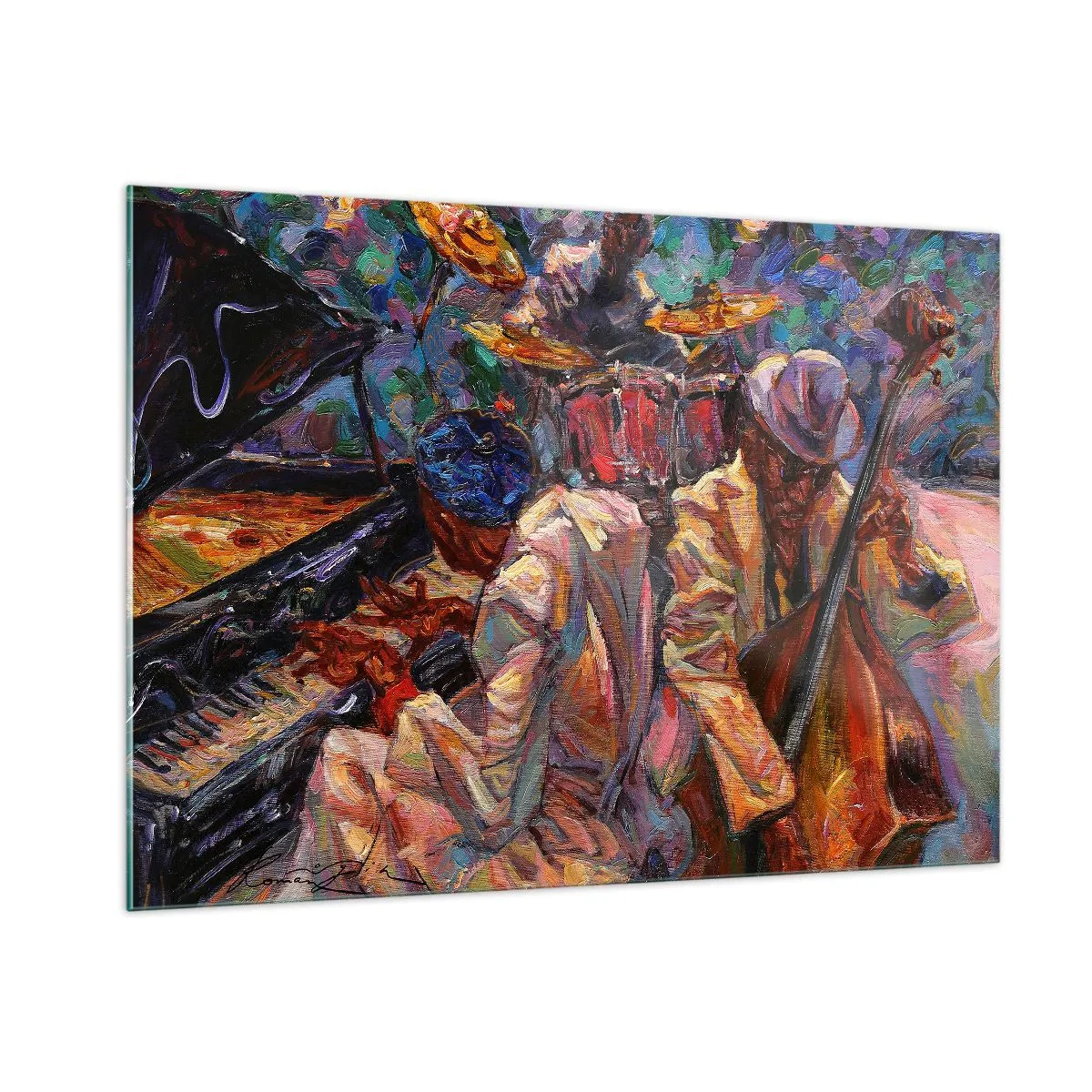 Obraz na szkle - Kolorowa scena jazzowa z muzykami i instrumentami - 100x70cm - W jednym rytmie - Nowoczesna dekoracja ścienna do salonu, kuchni i sypialni ARTTOR