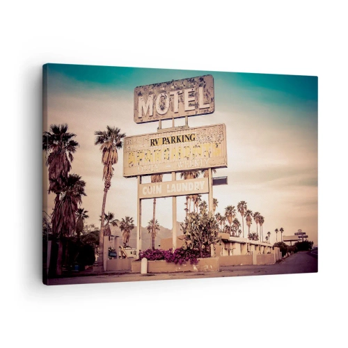 Obraz na płótnie - Retro szyld motelu otoczonego palmami - 70x50cm - Tu czas się zatrzymał - Nowoczesna dekoracja ścienna do salonu i sypialni ARTTOR