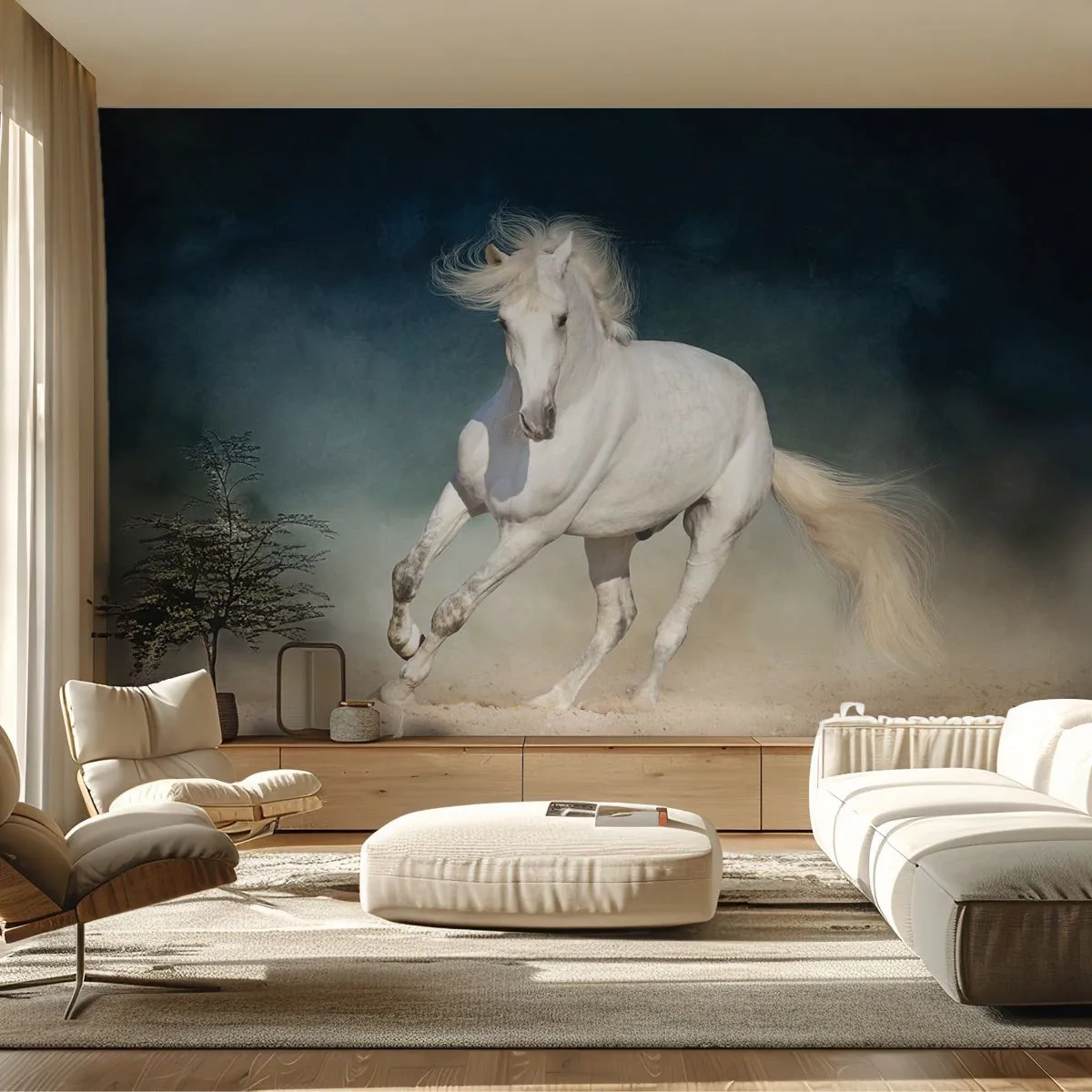 Fototapeta Premium Sand - Galopujący biały koń na tle ciemnego nieba - 100x70cm - Wolność w stanie czystym - Nowoczesna dekoracja ścienna do salonu, kuchni i sypialni ARTTOR
