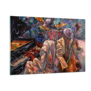 Obraz na szkle - Kolorowa scena jazzowa z muzykami i instrumentami - 120x80cm - W jednym rytmie - Nowoczesna dekoracja ścienna do salonu, kuchni i sypialni ARTTOR
