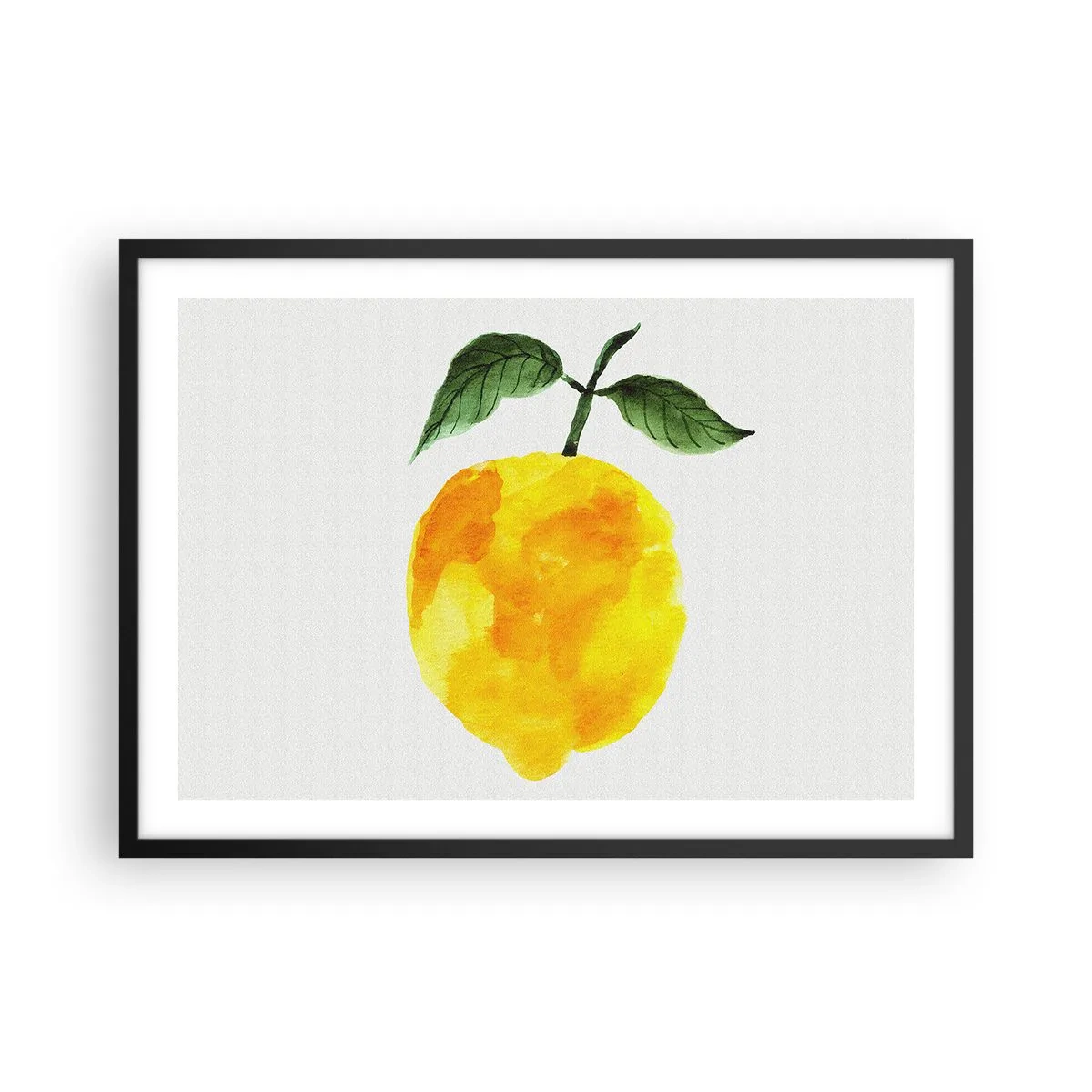 Plakat w czarnej ramie - Akwarelowa cytryna z zielonymi liśćmi na jasnym tle - 70x50cm - Jak poznać smak słońca - Nowoczesna dekoracja ścienna do salonu i sypialni ARTTOR