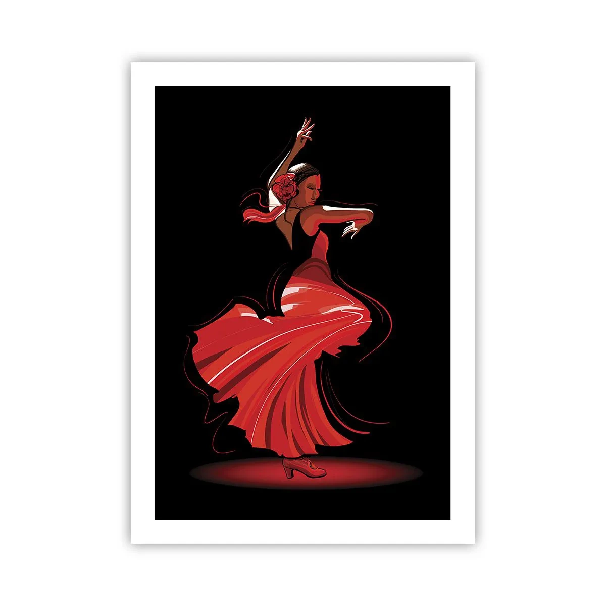Plakat - Tancerka flamenco w czerwonej sukni na czarnym tle - 50x70cm - Ognisty duch flamenco - Nowoczesna dekoracja ścienna do salonu, kuchni i sypialni ARTTOR