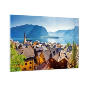 Obraz na szkle - Malownicze miasteczko nad jeziorem w otoczeniu gór - 100x70cm - Bardziej malowniczo się nie da - Nowoczesna dekoracja ścienna do salonu, kuchni i sypialni ARTTOR