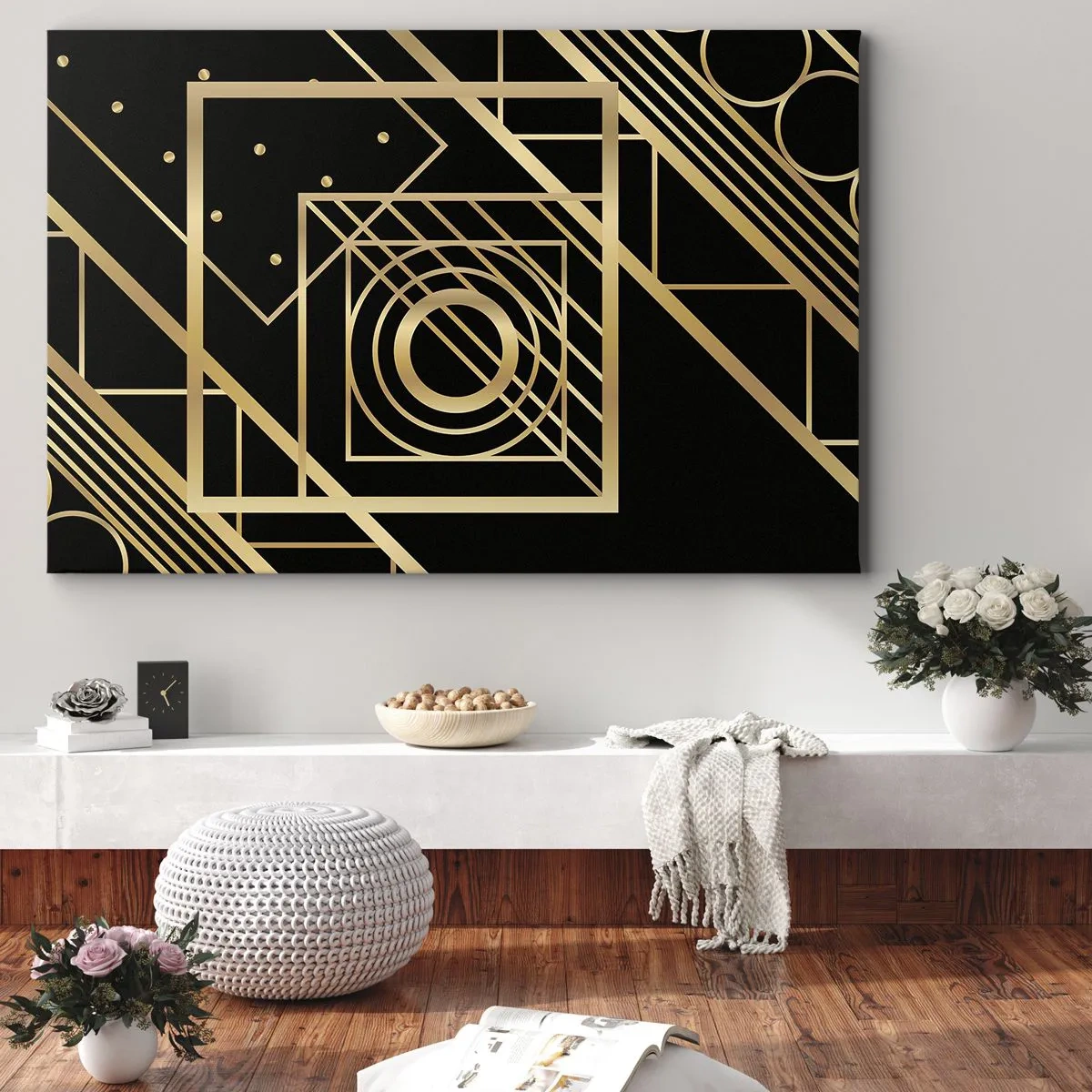 Obraz na płótnie - Złote geometryczne wzory na czarnym tle - 100x70cm - Złota geometria - Nowoczesna dekoracja ścienna do salonu, kuchni i sypialni ARTTOR