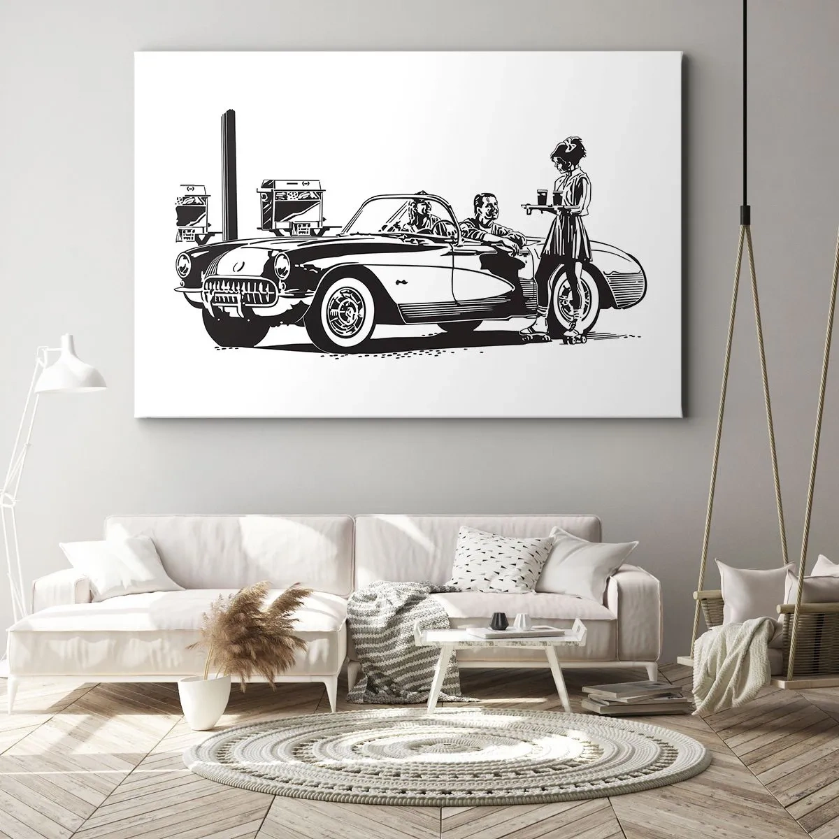 Obraz na płótnie - Czarno-biała scena retro z samochodem i kelnerką na wrotkach - 70x50cm - 60. - beztroska Ameryka - Nowoczesna dekoracja ścienna do salonu i sypialni ARTTOR