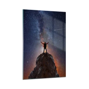 Obraz na szkle - Postać na szczycie góry pod rozgwieżdżonym niebem - 80x120cm - Moc jest ze mną! - Nowoczesna dekoracja ścienna do salonu i sypialni ARTTOR