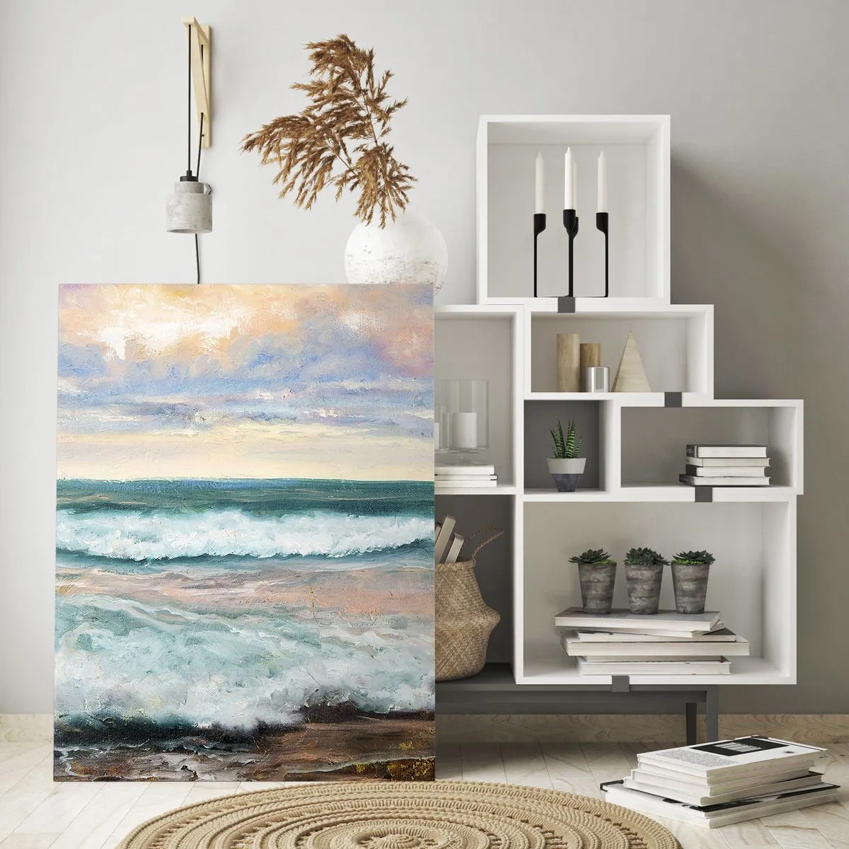 Obraz na szkle - Obraz malarski przedstawiający fale uderzające o brzeg - 50x70cm - Tutaj wygładzisz duszę - Nowoczesna dekoracja ścienna do salonu, kuchni i sypialni ARTTOR