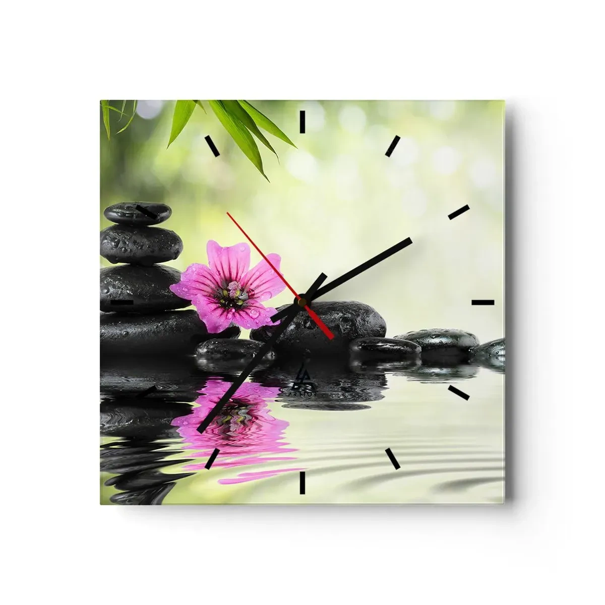 Zegar ścienny - Kamienie Zen i różowy kwiat odbijające się w wodzie - 30x30cm - Czas dla duszy - Nowoczesna dekoracja ścienna do salonu i sypialni ARTTOR