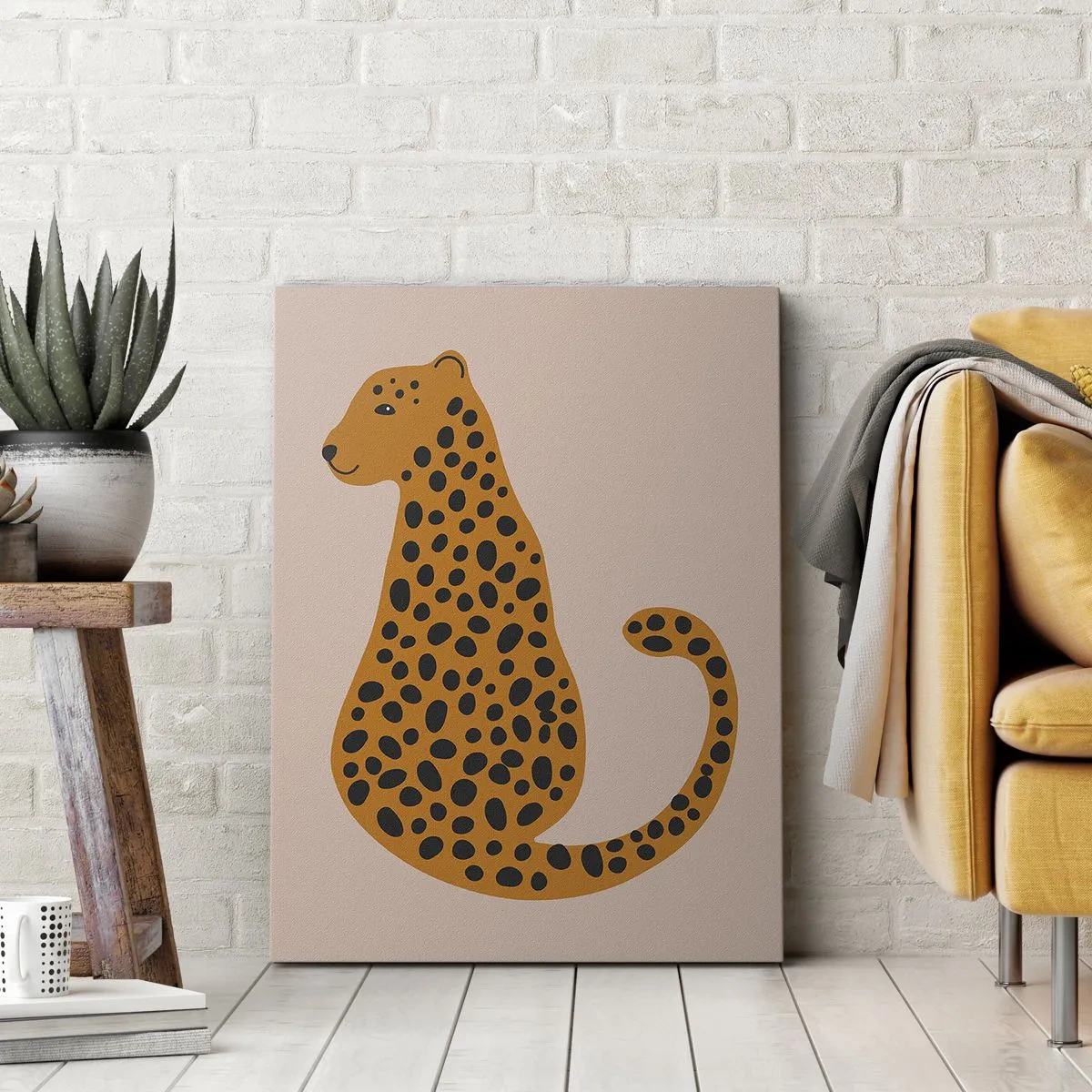 Obraz na płótnie - Ilustracja stylizowanego geparda w kolorze musztardowym z czarnymi cętkami - 50x70cm - Panterka to modny wzór - Nowoczesna dekoracja ścienna do salonu, kuchni i sypialni ARTTOR