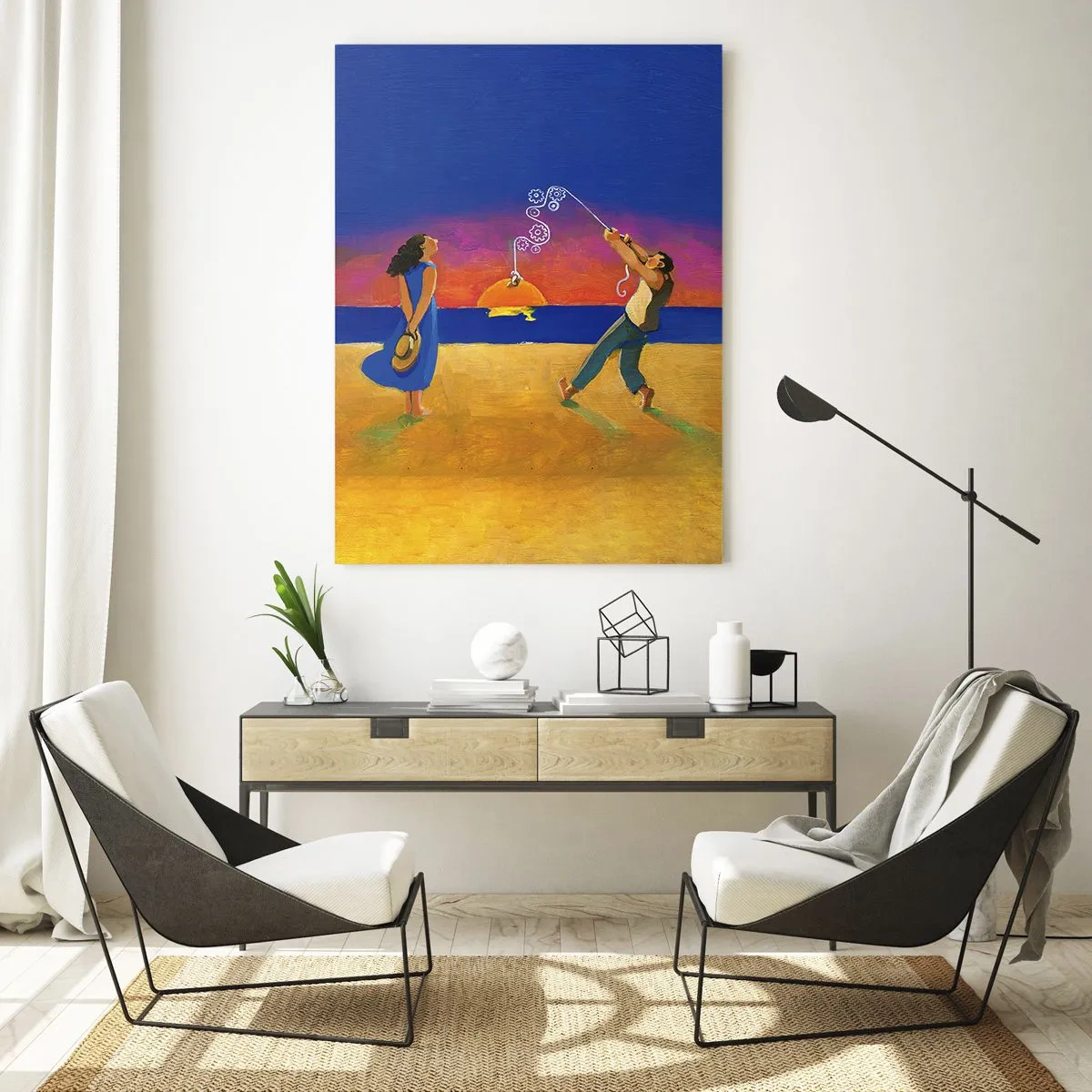 Obraz na szkle - Kolorowa abstrakcja z parą na plaży o zachodzie słońca - 50x70cm - Więcej niż gwiazdka z nieba - Nowoczesna dekoracja ścienna do salonu, kuchni i sypialni ARTTOR