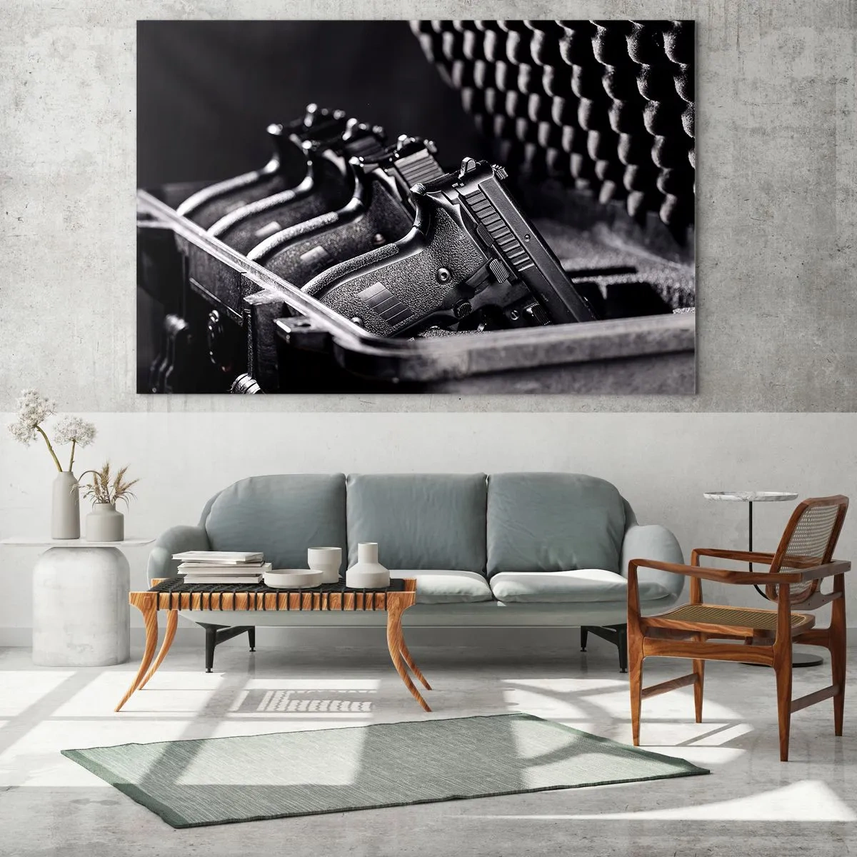 Obraz na szkle - Czarne pistolety w futerale na tle pianki ochronnej - 70x50cm - Męski sport - Nowoczesna dekoracja ścienna do salonu i sypialni ARTTOR