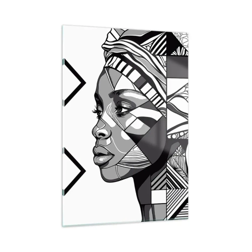 Obraz na szkle - Czarno-biały etniczny portret kobiety w geometrycznych wzorach - 50x70cm - Portret etniczny - Nowoczesna dekoracja ścienna do salonu, kuchni i sypialni ARTTOR