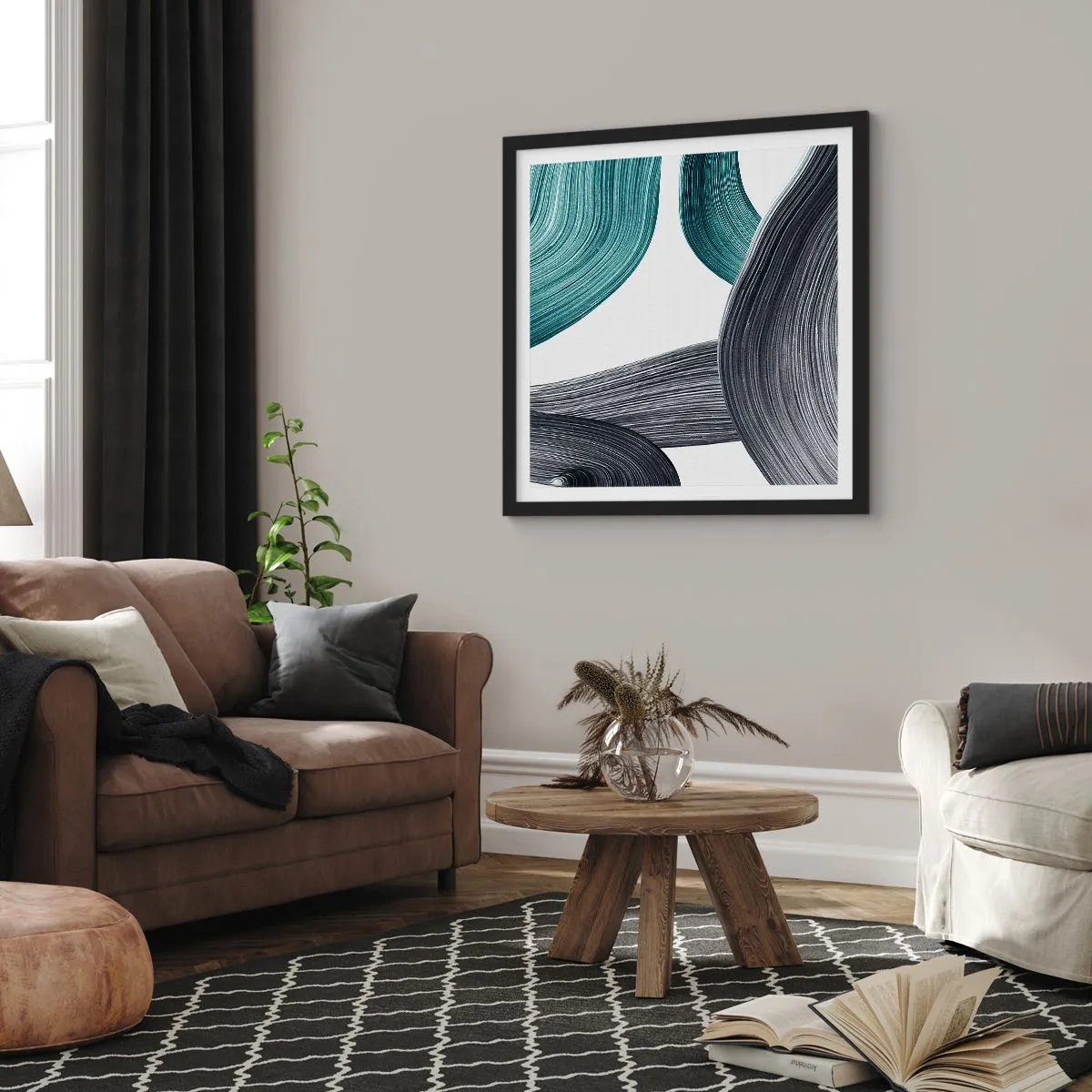 Plakat w czarnej ramie - Szmaragdowe i czarne szlaki - 50x50 cm