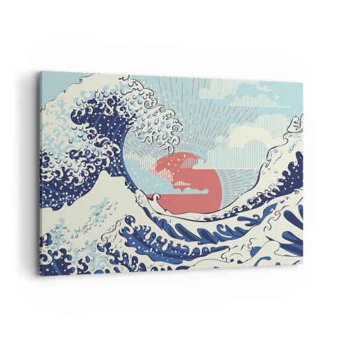 Obraz na płótnie - Fale oceanu i zachodzące słońce w stylu japońskim - 100x70cm - Z japońskich inspiracji - Nowoczesna dekoracja ścienna do salonu, kuchni i sypialni ARTTOR