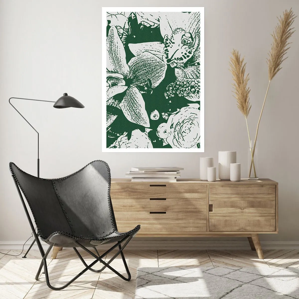 Plakat - Botaniczna ilustracja kwiatów i liści w kontrastowych barwach - 50x70cm - Bukiet - świat zieleni - Nowoczesna dekoracja ścienna do salonu, kuchni i sypialni ARTTOR