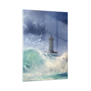 Obraz na szkle - Latarnia morska wśród wzburzonych fal oceanu - 50x70cm - Na straży przeciw żywiołom - Nowoczesna dekoracja ścienna do salonu, kuchni i sypialni ARTTOR