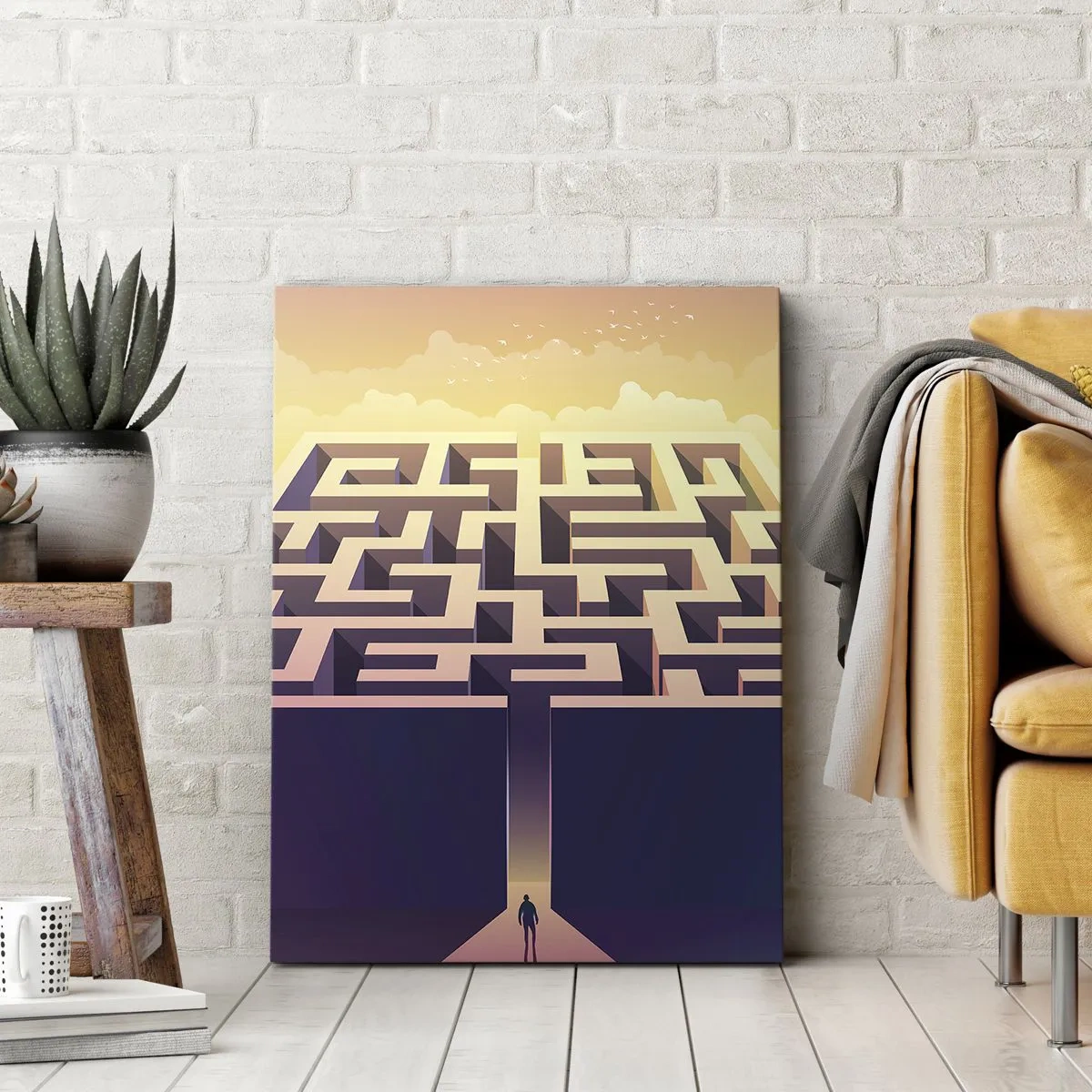 Obraz na płótnie - Samotna postać stojąca przed wejściem do ogromnego labiryntu w złotym świetle - 80x120cm - Czas decyzji - Nowoczesna dekoracja ścienna do salonu i sypialni ARTTOR