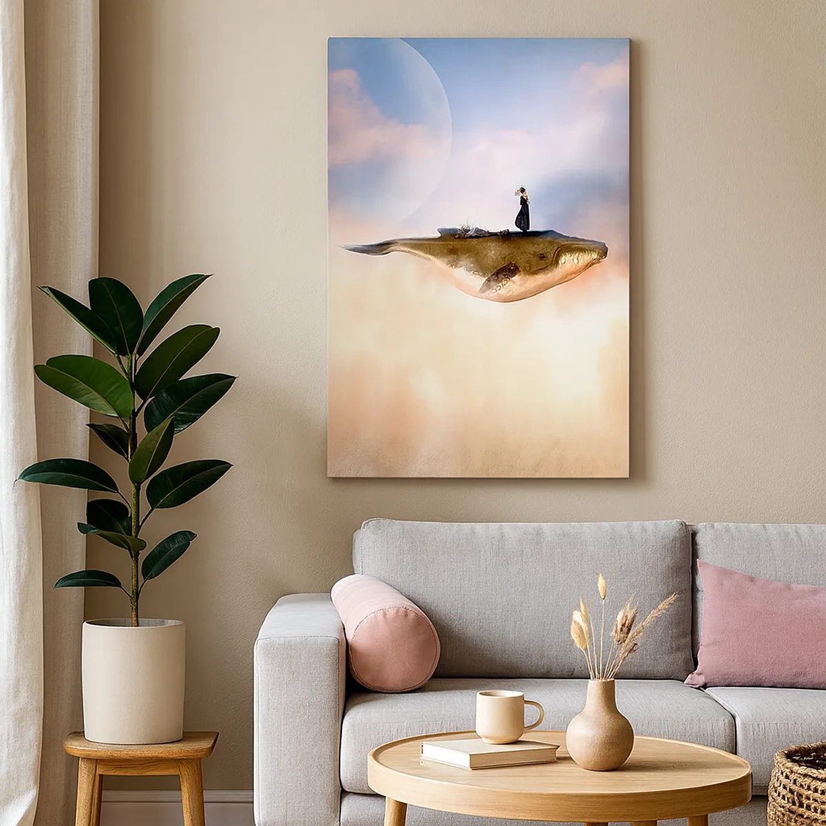 Obraz na płótnie - Kobieta stojąca na grzbiecie rekina unoszącego się w chmurach - 50x70cm - Nadrealna podróż - Nowoczesna dekoracja ścienna do salonu, kuchni i sypialni ARTTOR