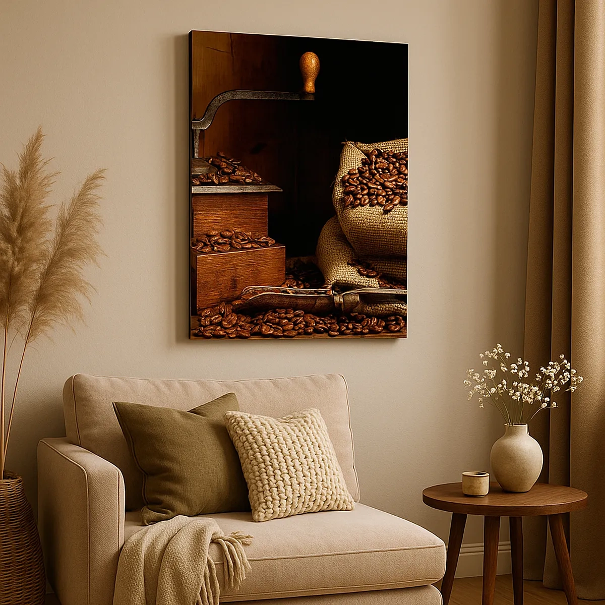 Obraz na płótnie - Młynek i worek z ziarnami kawy na tle rustykalnym - 50x70cm - Martwa natura z ziarnami kawy i młynkiem - Nowoczesna dekoracja ścienna do salonu, kuchni i sypialni ARTTOR