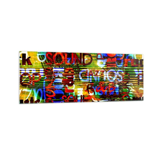 Obraz na szkle - Kolorowa abstrakcja z napisami muzycznymi w stylu pop-art - 140x50cm - Wszystkie barwy dźwięku - Nowoczesna dekoracja ścienna do salonu i sypialni ARTTOR