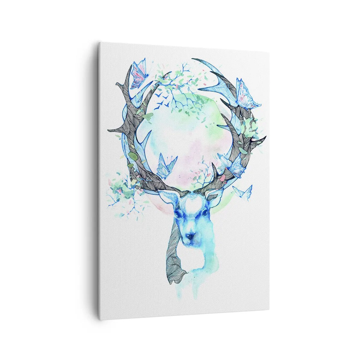 Obraz na płótnie - Fantazyjna grafika jelenia z motywem natury i motyli - 70x100cm - Siła i delikatność natury - Nowoczesna dekoracja ścienna do salonu i sypialni ARTTOR