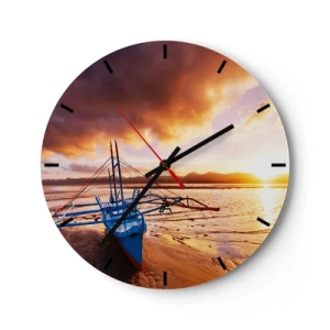 Zegar ścienny - Łódka na plaży podczas zachodu słońca - 30x30cm - Po całym dniu wyciągnąć się na piasku - Nowoczesna dekoracja ścienna do salonu, kuchni i sypialni ARTTOR