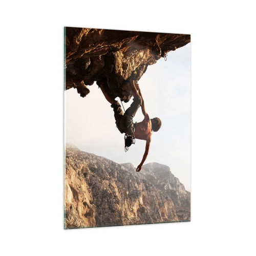 Obraz na szkle - Wspinaczka na pionowej skale w górskim krajobrazie - 50x70cm - Świat skurczony w garści na obrywie głazu - Nowoczesna dekoracja ścienna do salonu, kuchni i sypialni ARTTOR
