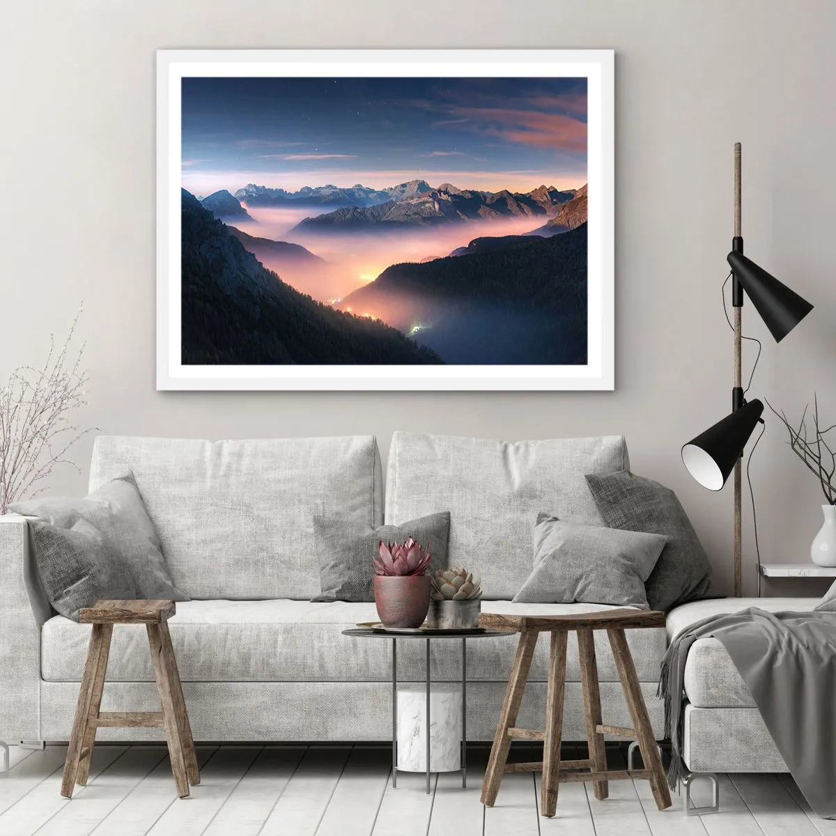 Plakat w białej ramie - Światło w dolinach - 100x70 cm