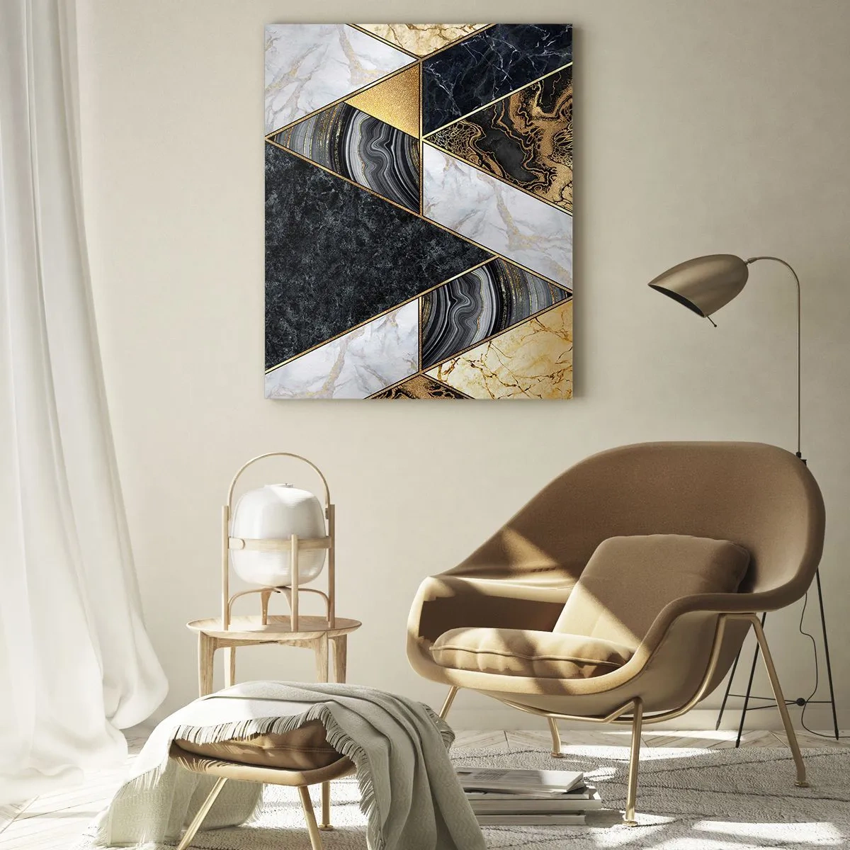 Obraz na szkle - Geometryczny wzór z marmurowych i złotych trójkątów - 50x70cm - Kamień przy kamieniu - Nowoczesna dekoracja ścienna do salonu, kuchni i sypialni ARTTOR